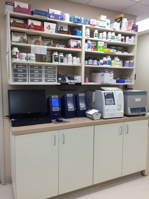 A view of the in house laboratory with several medical devises on the shelves